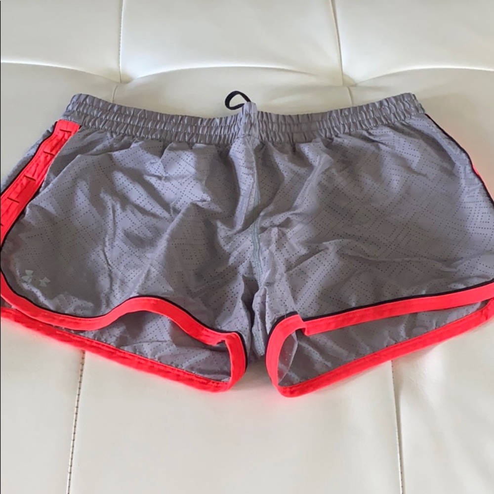 Grey + Pink Under Armour athletic running shorts